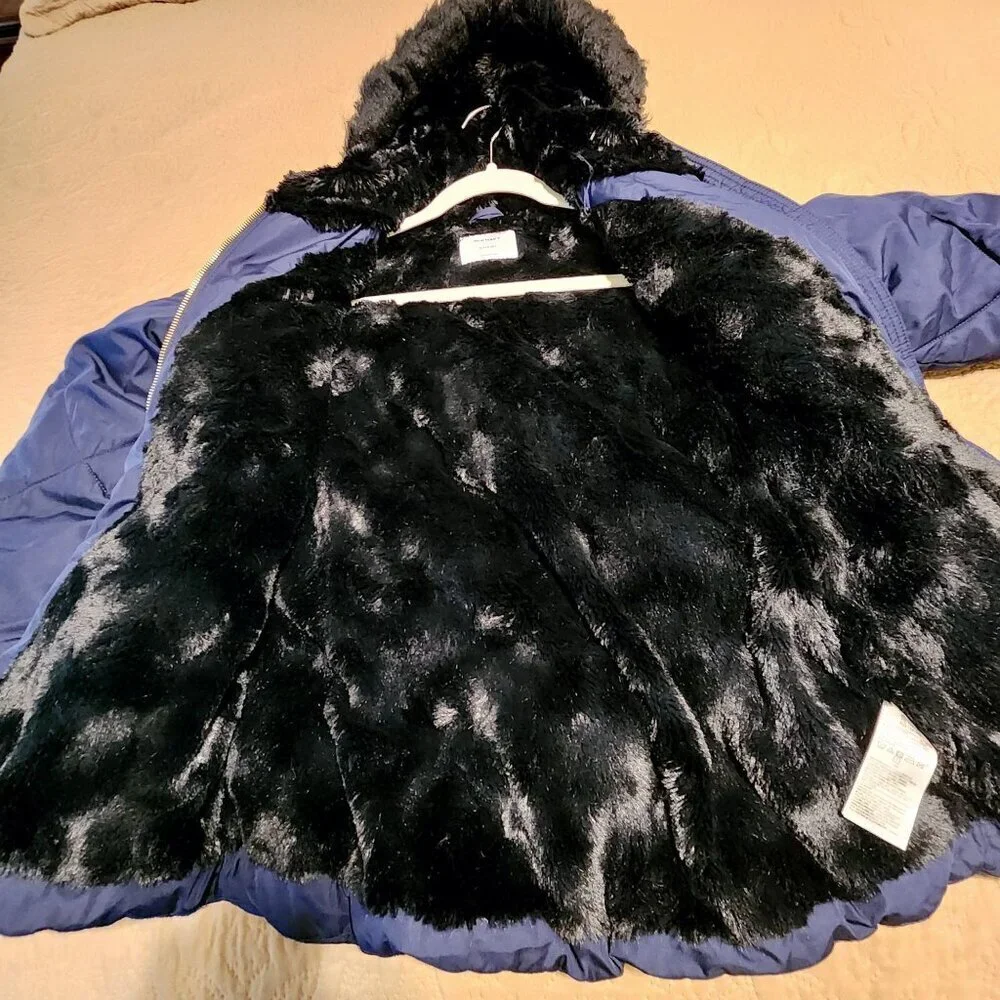 Old Navy girls frost free hooded jacket 14-16 Blue black faux fur